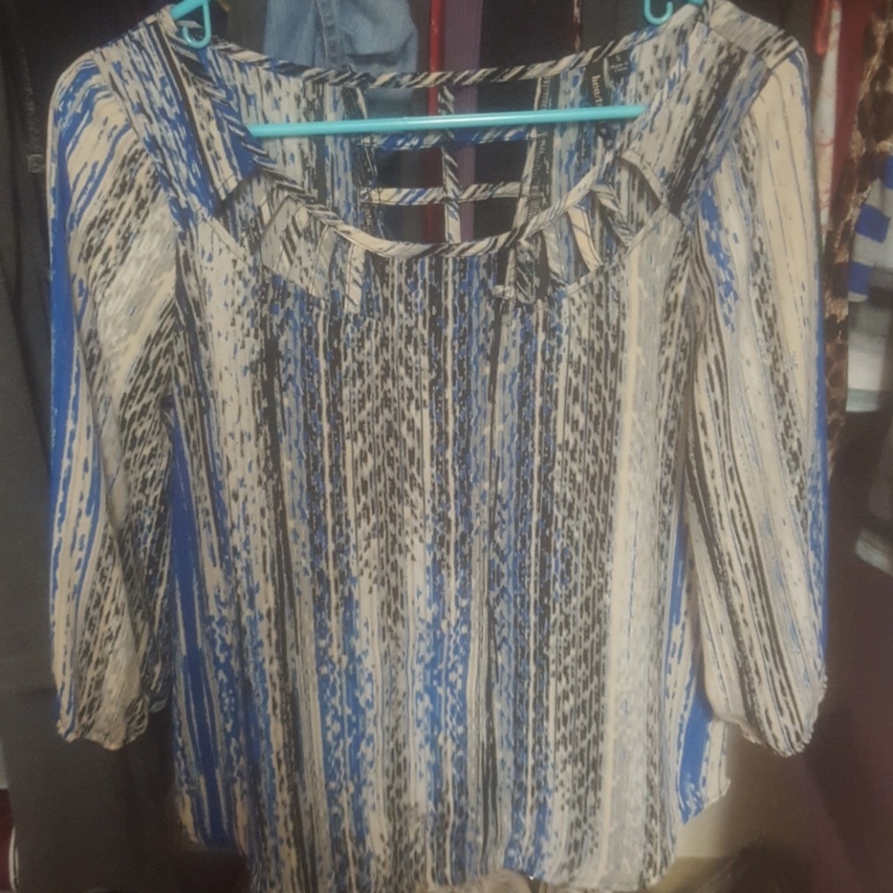 Blue, gray, black, white blouse